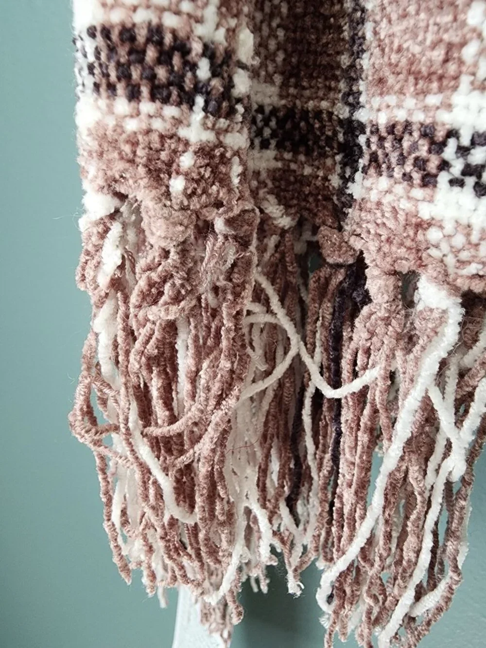 Brown Plaid Fringed Rayon Scarf NWT